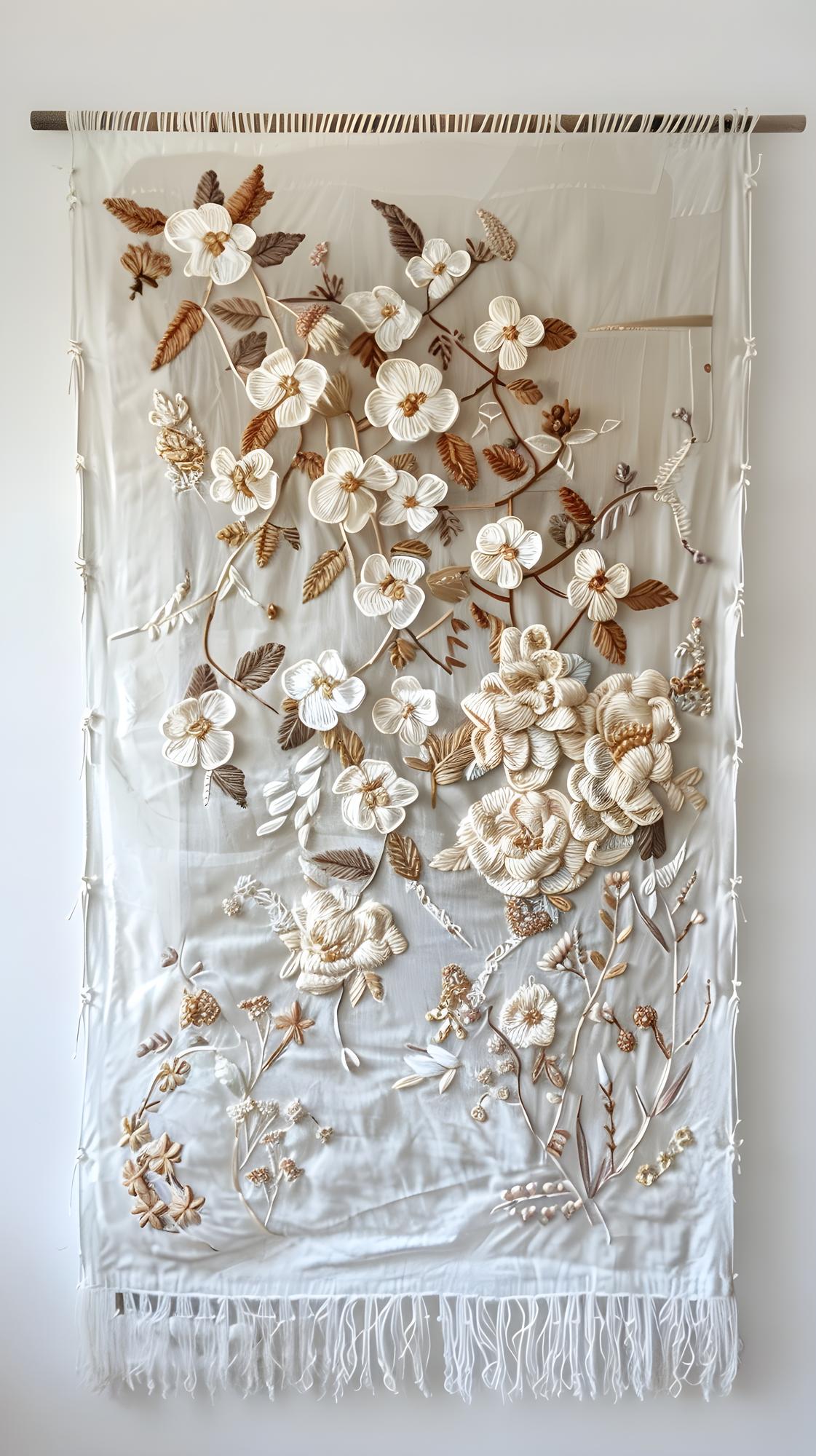 Großformatige Stickarbeit auf Leinen mit floralen Motiven